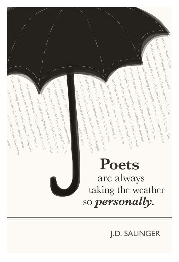 Illustration, J.D. Salinger Quote, Fine Art Print and Art Posters, Umbrella Art, Umbrella Drawing, Poet Art, Spring Decor, Weather Art