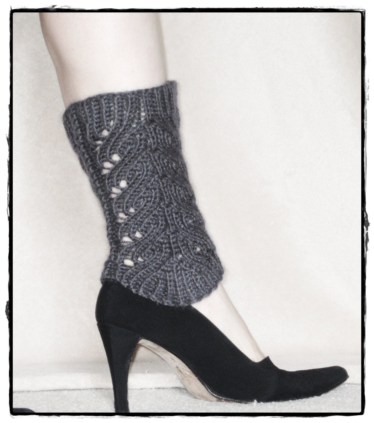 Hand Knit Romantic Lace leg warmers - boot covers - in grey bamboo angora blend