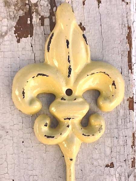Fleur De Lis Wall Hook Mount Rack -Rustic Cast Iron - In Buttercup Yellow - Distressed and Shabby - Metal Wall Decor - Patio-Summer Decor