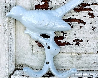 Bird Hook -Cast Iron Bird Wall Double Hook in English Sky Blue-Spring Home Decor-Bathroom Fixture-Kitchen Hook-TeaTowel Hager-Shabby Chic