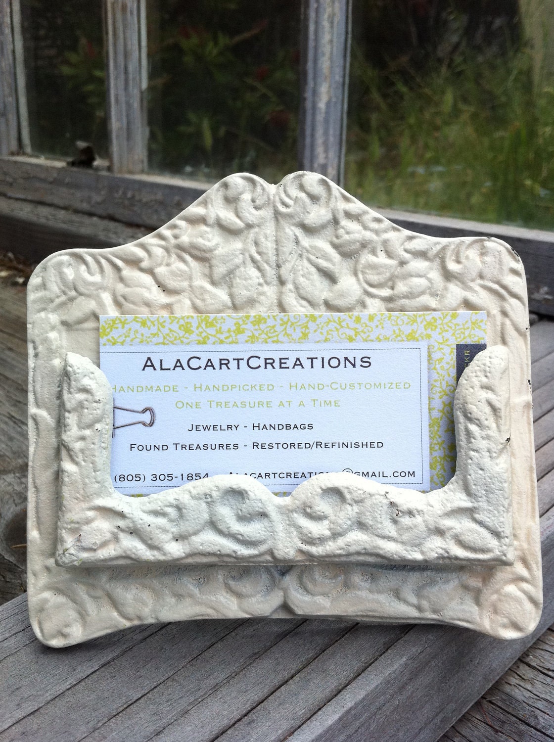 Rustic Wedding Decor-Ivory Cream Business Card Holder- Vintage Inspired -Shabby Chic Cream - Metal Decor -Winter-French Decor- Cottage Style