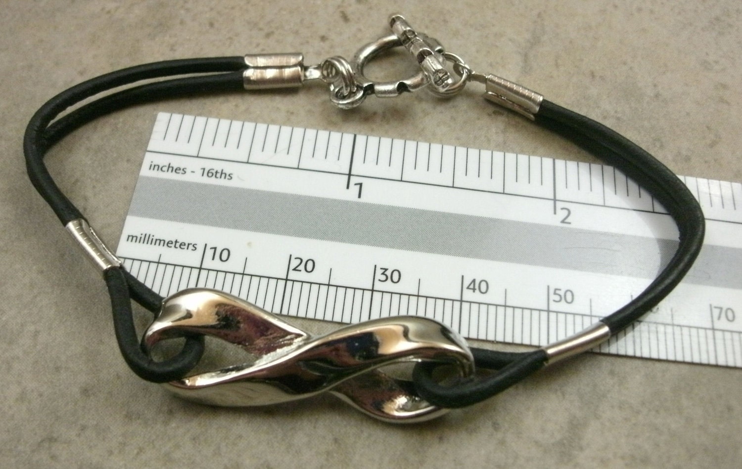 Infinity Charm Bracelet in Silver Tone Metal & Leather - Mobius Strip - Memorial Jewelry - Eternal - Black and White - LAST ONE