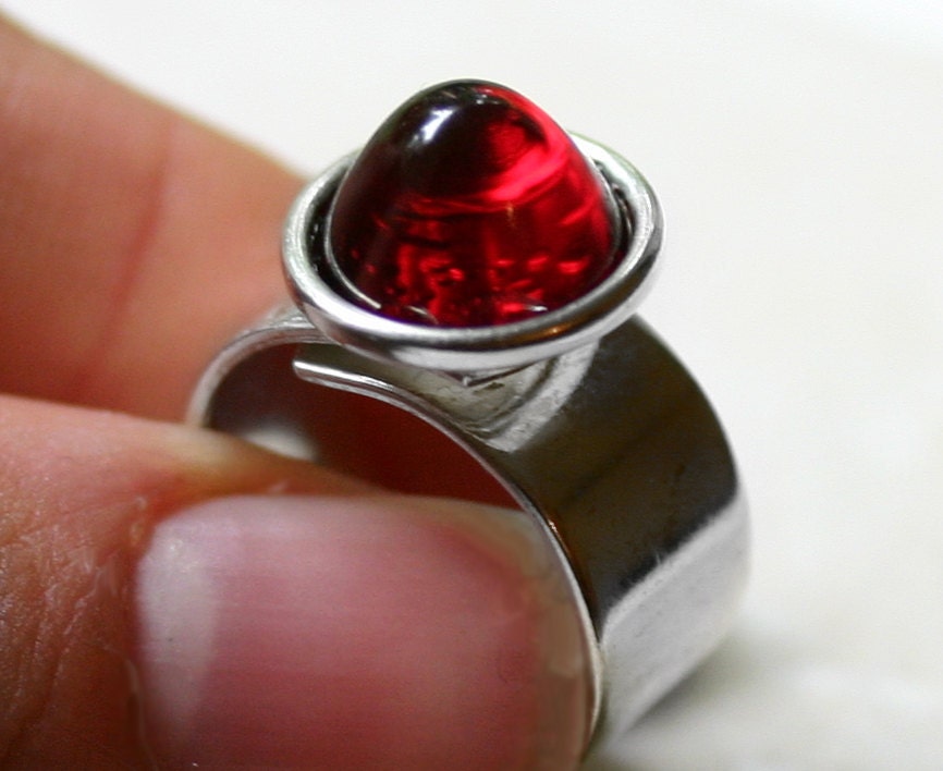 Bullet Ring with Vintage Glass Cabochon - Sterling Silver Adjustable