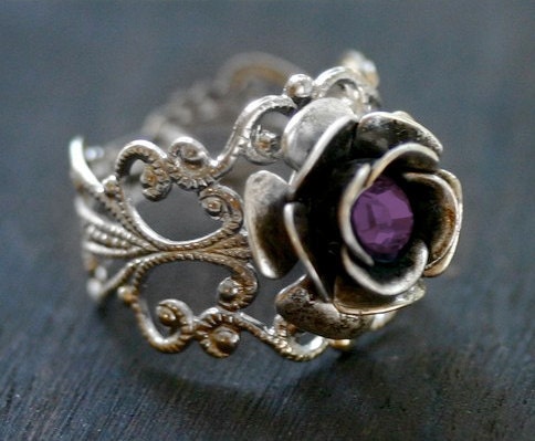 Silver Rose Ring with Amethyst Crystal - Neo Victorian Steampunk Adjustable