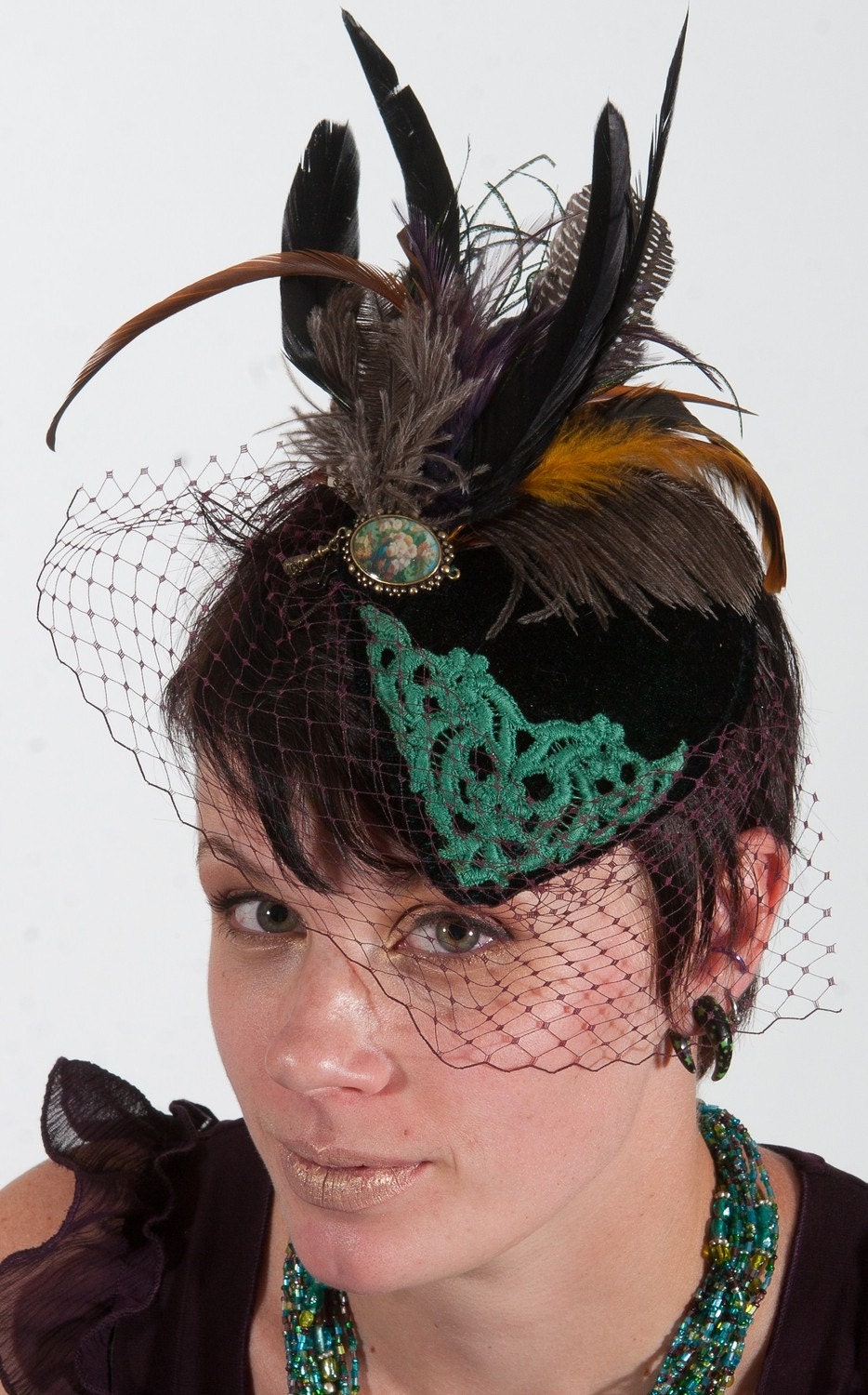 Britt Green velvet tear drop hat with veil