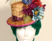 Gold satin and burgandy flower covered ladies ridding hat