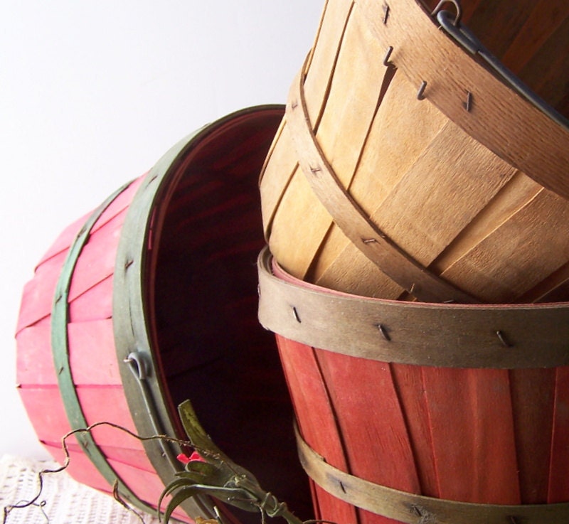 Three Vintage Country Baskets Two Red and One Natural
