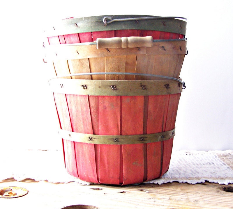 Three Vintage Country Baskets Two Red and One Natural