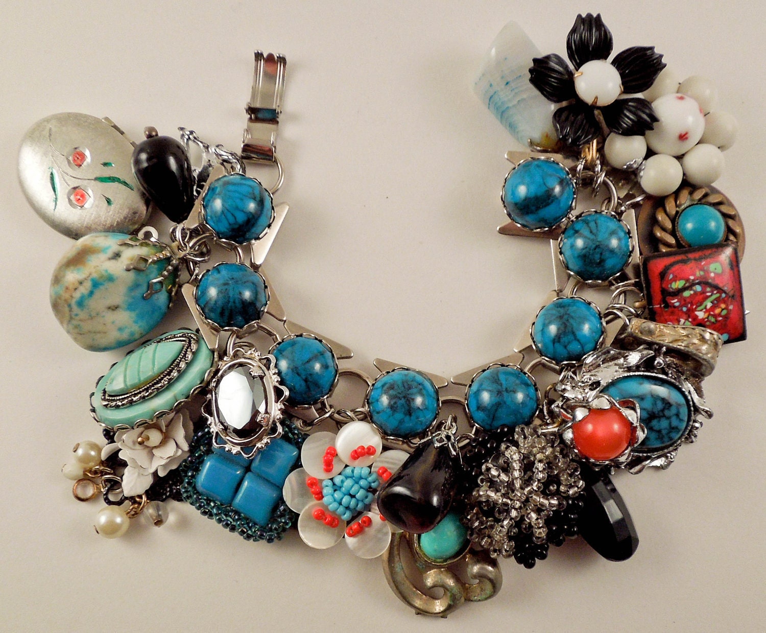 Turquoise Trail Repurposed Vintage Jewelry Charm Bracelet one of a kind Southwestern
