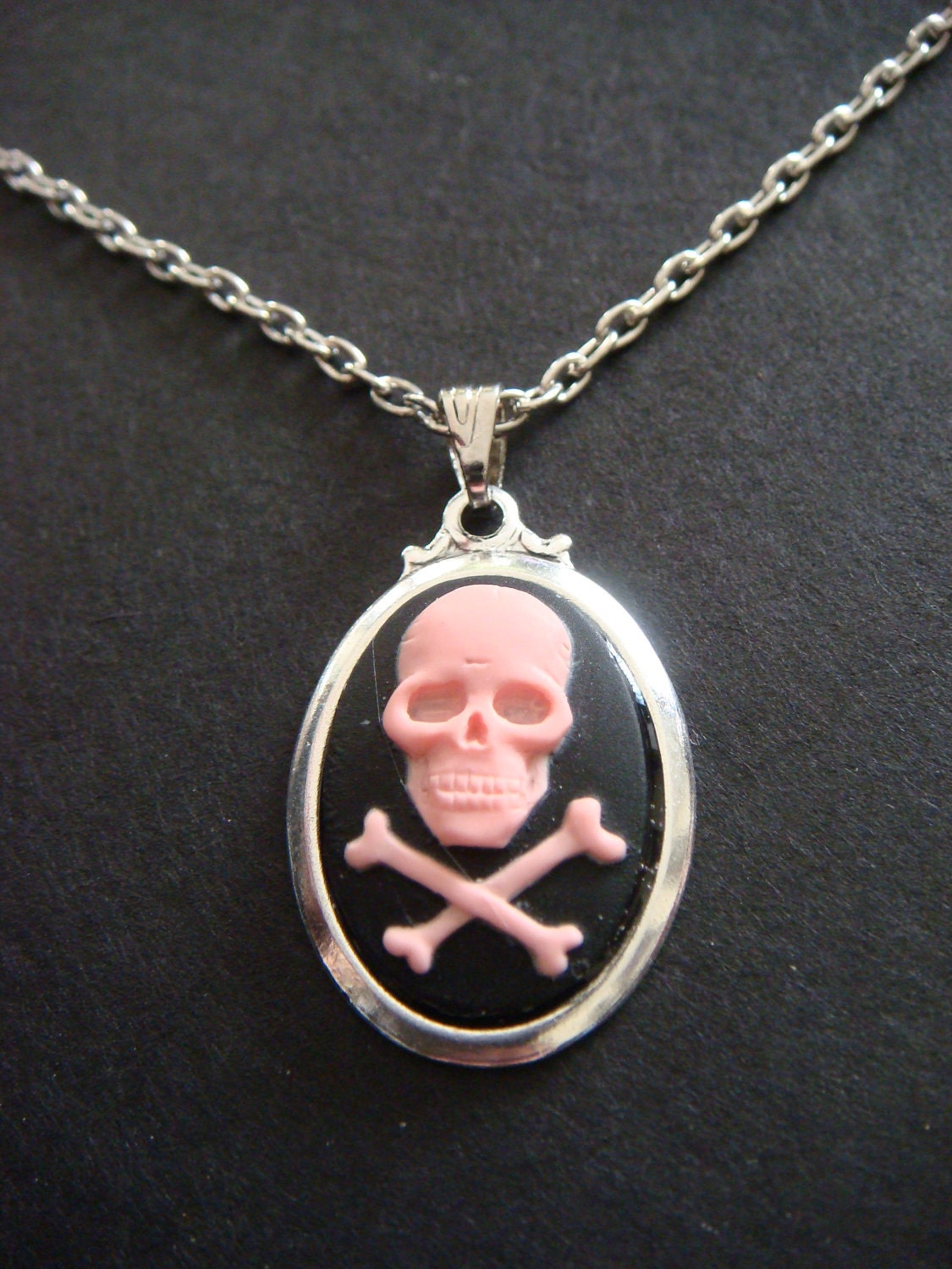 Small Pink and Black Skull Cameo Necklace