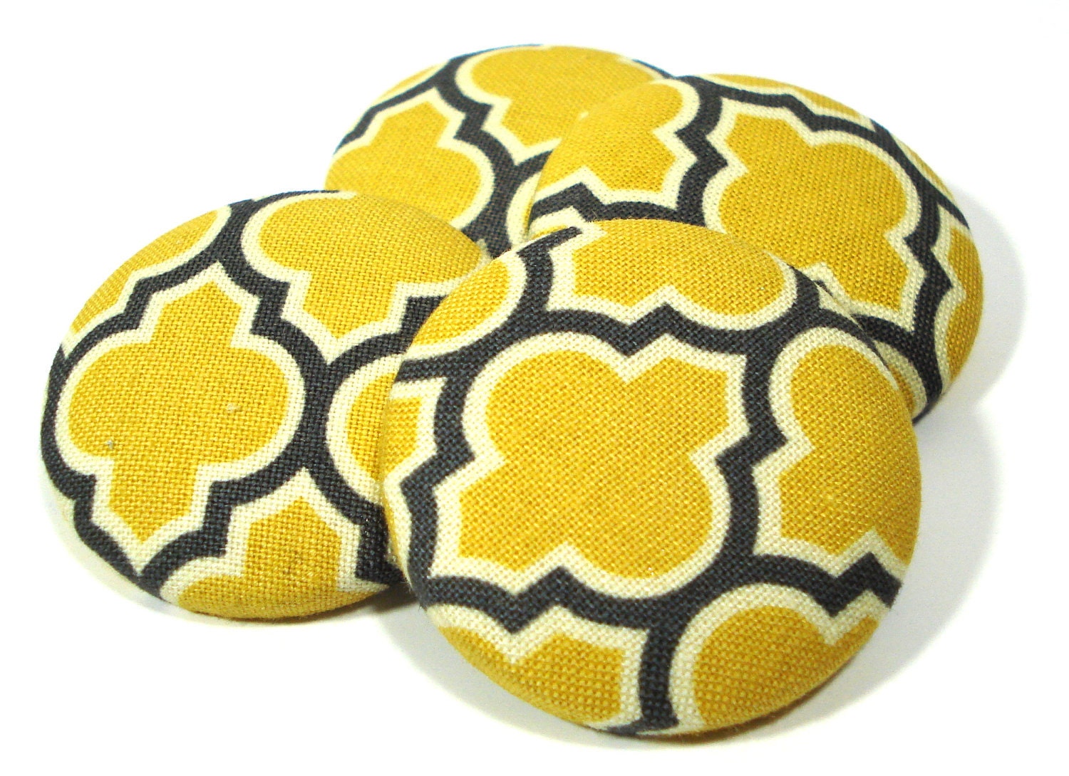 Button Fabric Covered 1.5 inch Quatrefoil Yellow Gray Marigold Set of 6