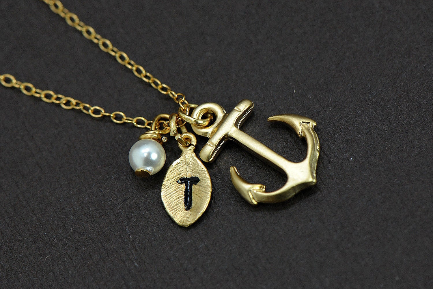Personalized Anchor Necklace, Gold Anchor Necklace, Initial Hand Stamped Leaf, Nautical Theme, Best Friend Gift Idea, Vintage Inspired