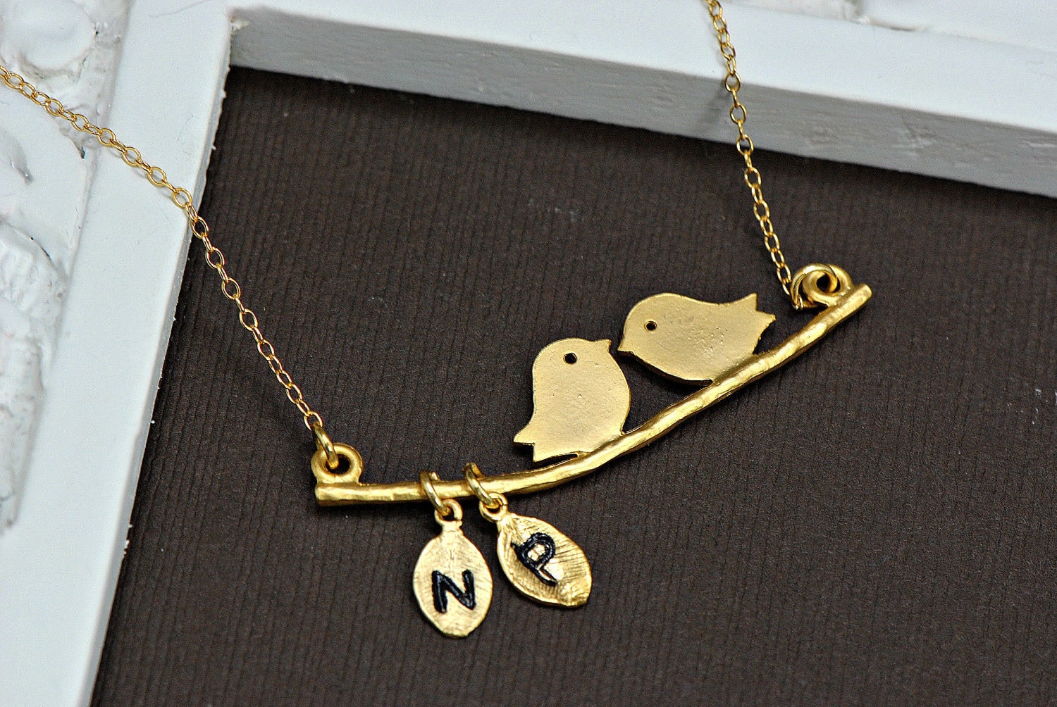 Love Birds Necklace- In 14k GOLD Fill - with Two Personalized Hand Stamped Initial Leaves -Initial Necklace- As Seen in ETSY Finds