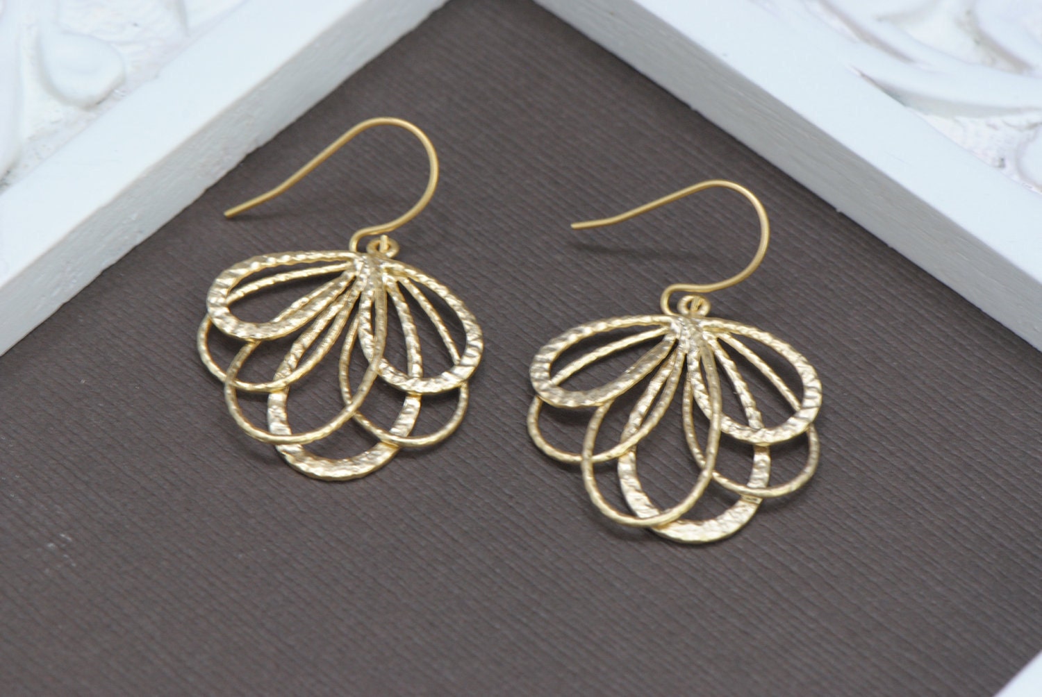 Peacock Feather Earrings in GOLD - Multi Layer Fan Drop Earrings - Perfect Everyday Wear Earrings