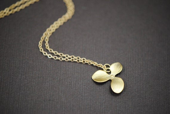 Single Orchid Necklace Gold- Triple Leaf Orchid Flower Necklace