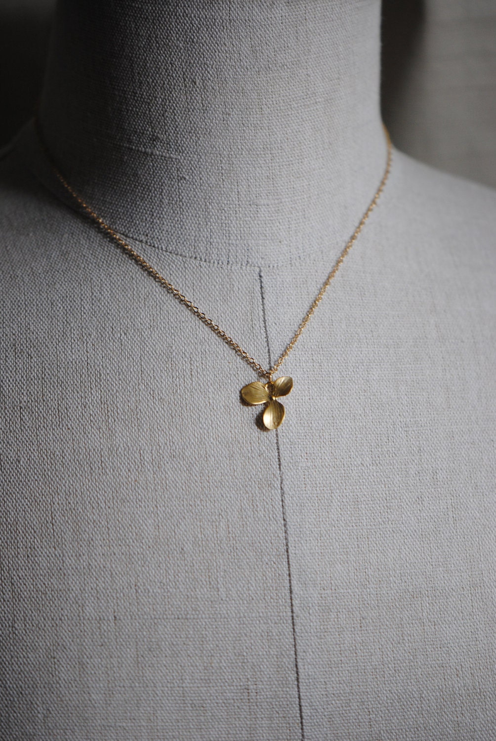 Single Orchid Necklace Gold- Triple Leaf Orchid Flower Necklace