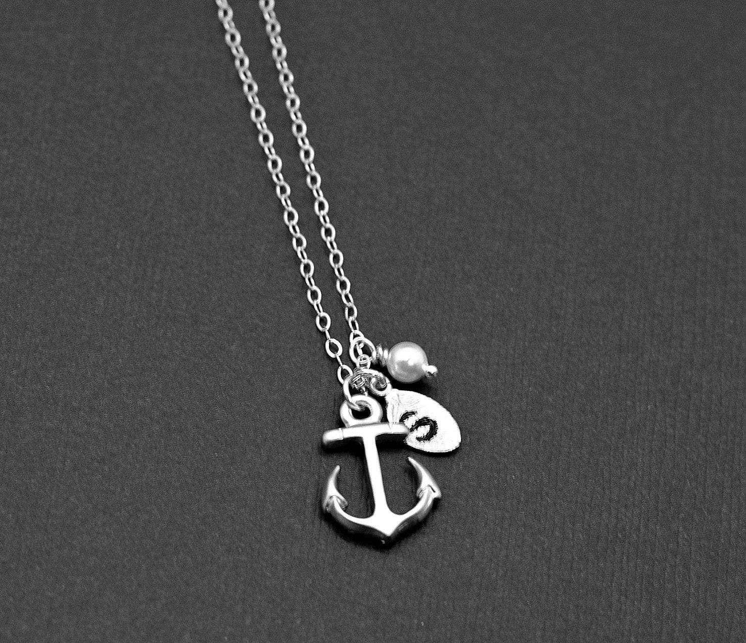 Silver Anchor Necklace Personalized Anchor with Initial Hand Stamped Leaf, Nautical Theme, Navy Necklace, Bridemaid Jewelry