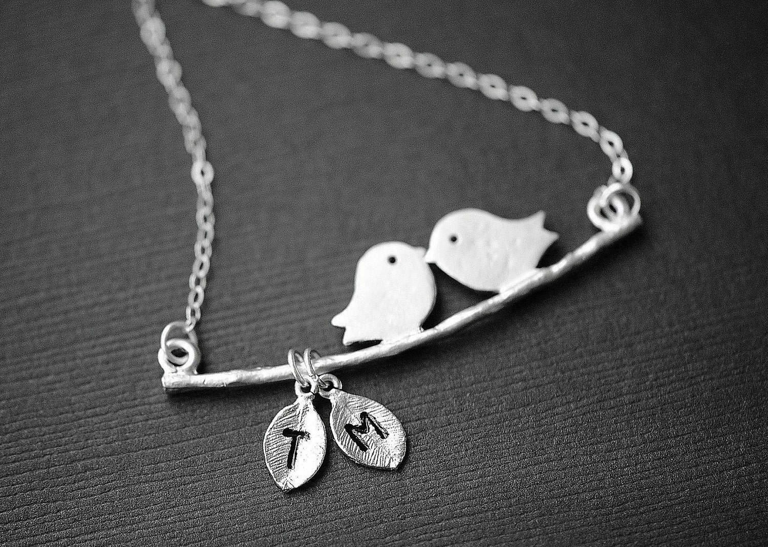 LOVE BIRD Necklace Two Initial Leaves,Mom and Child, Mothers Necklace, Initial Necklace, Personalized Jewelry, As Seen in ETSY Finds