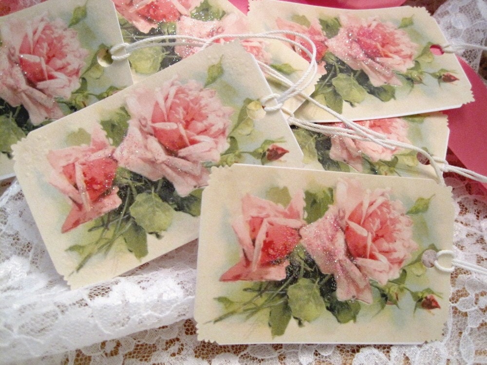 SHABBY CHIC ROSES Gift Tags no 174 - Vintage Florals - Cabbage Roses - Glitter - Wedding - Shower - All Occasion - Buy Three Get One Free