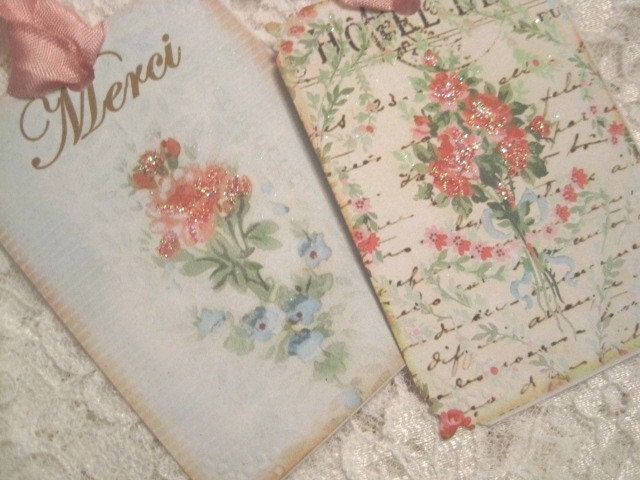 Shabby French Thank You - Merci Tags No 44 - Cards - Paris - Cherubs - Roses - Eiffel Tower - Embossed - Glitter - Buy Three Get One Free
