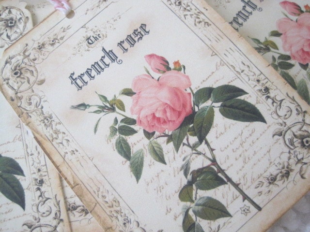 FRENCH ROSE Gift Tags No 114 - Shabby - Vintage - Roses - Floral - French Script - Paris Pink - French Market - Embossed - Buy 3 Get 1 Free