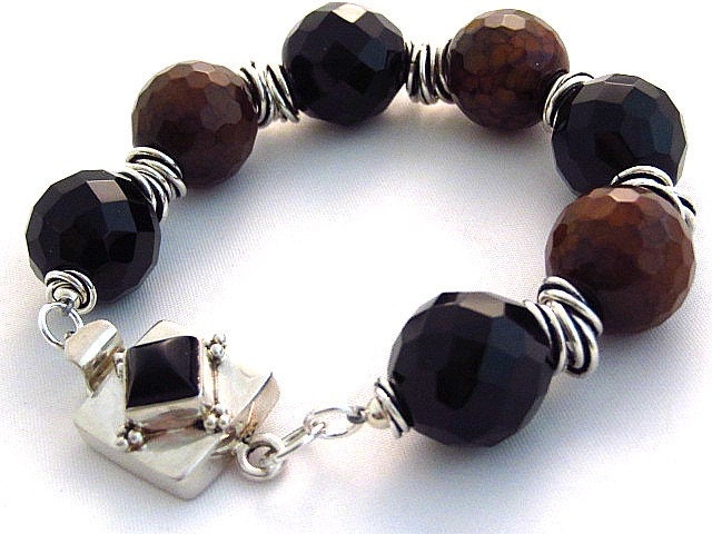 Onyx Agate Bracelet Sterling Silver Chunky Gemstone Jewelry