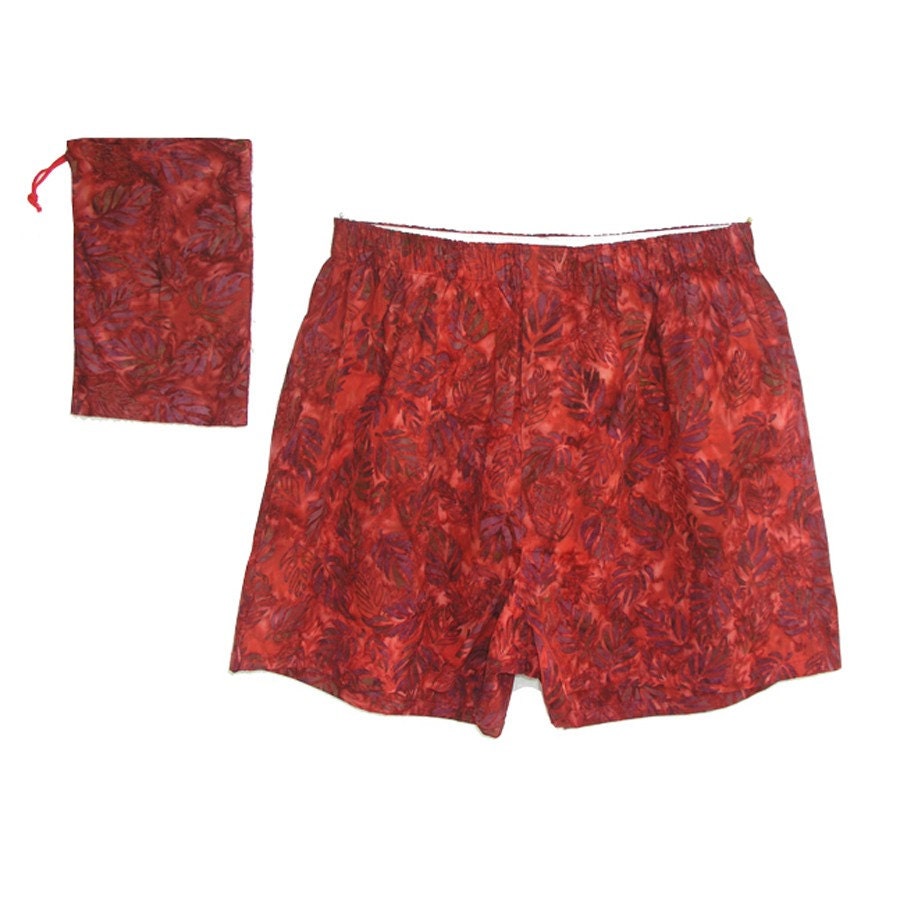 Men's L Handmade Cotton Batik Boxer Shorts RED LEAF (M/RD-001)