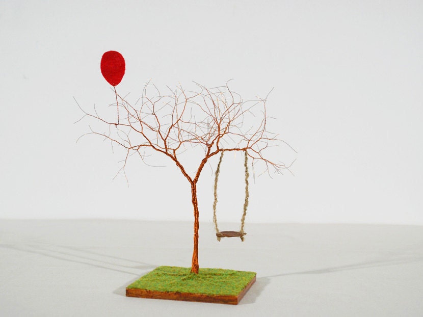 The Swing and The Red Balloon Handmade Wire Tree Sculpture