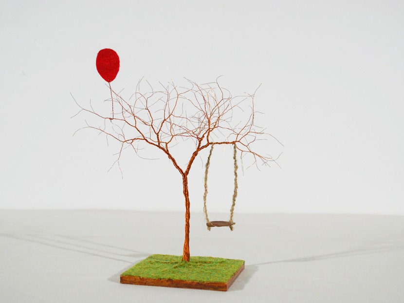 The Swing and The Red Balloon Handmade Wire Tree Sculpture - monocerus