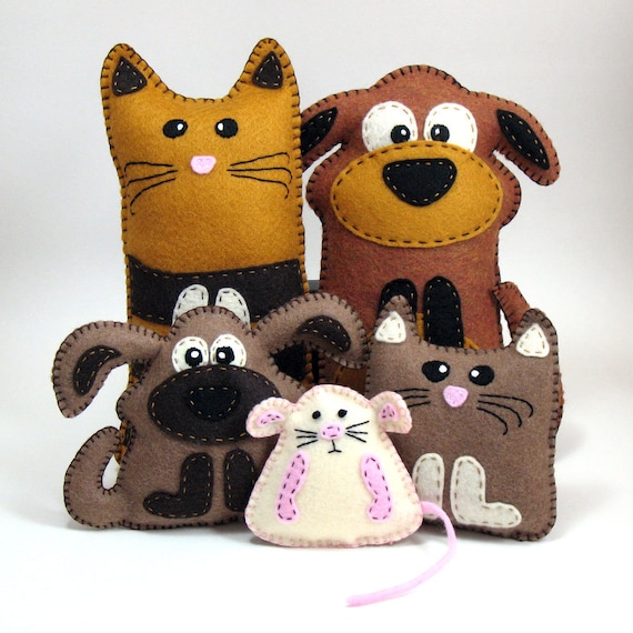 5 Hand Sewing PATTERNS - Cat Dog Kitten Puppy and Mouse - Make Your Own Pet Stuffed Animals - Easy