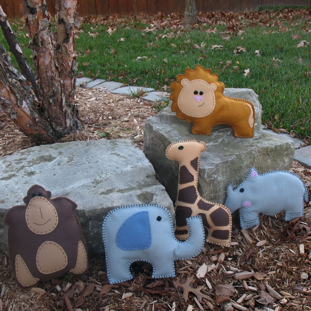 5 African Safari Animal Hand Sewing PATTERNS - DIY Hand Embroidered Plushies - Lion, Gorilla, Elephant, Giraffe, Rhino - Easy
