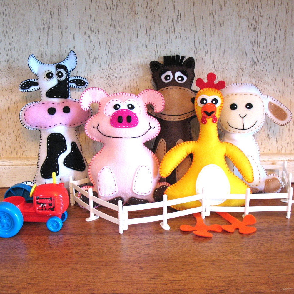 5 Farm Stuffed Animal Hand Sewing PATTERNS - Make Your Own Hand-embroidered felt Cow, Pig, Horse, Chicken, Lamb - Easy