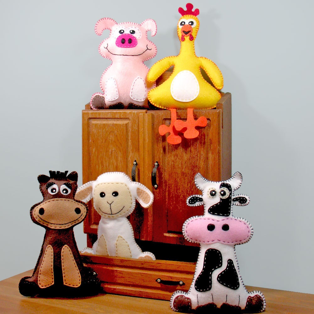 5 Farm Stuffed Animal Hand Sewing PATTERNS - Make Your Own Hand-embroidered felt Cow, Pig, Horse, Chicken, Lamb - Easy