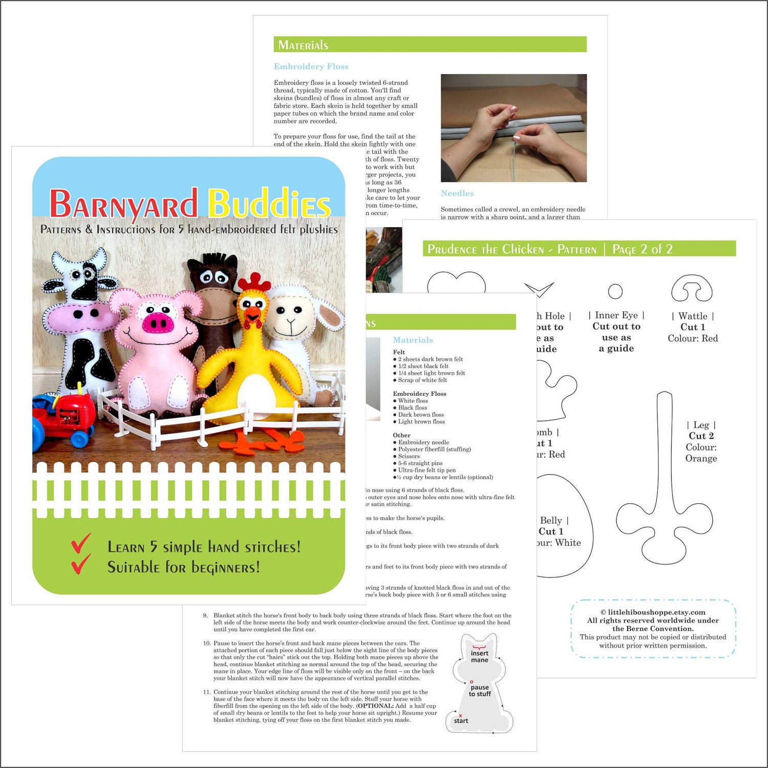 5 Farm Stuffed Animal Hand Sewing PATTERNS - Make Your Own Hand-embroidered felt Cow, Pig, Horse, Chicken, Lamb - Easy