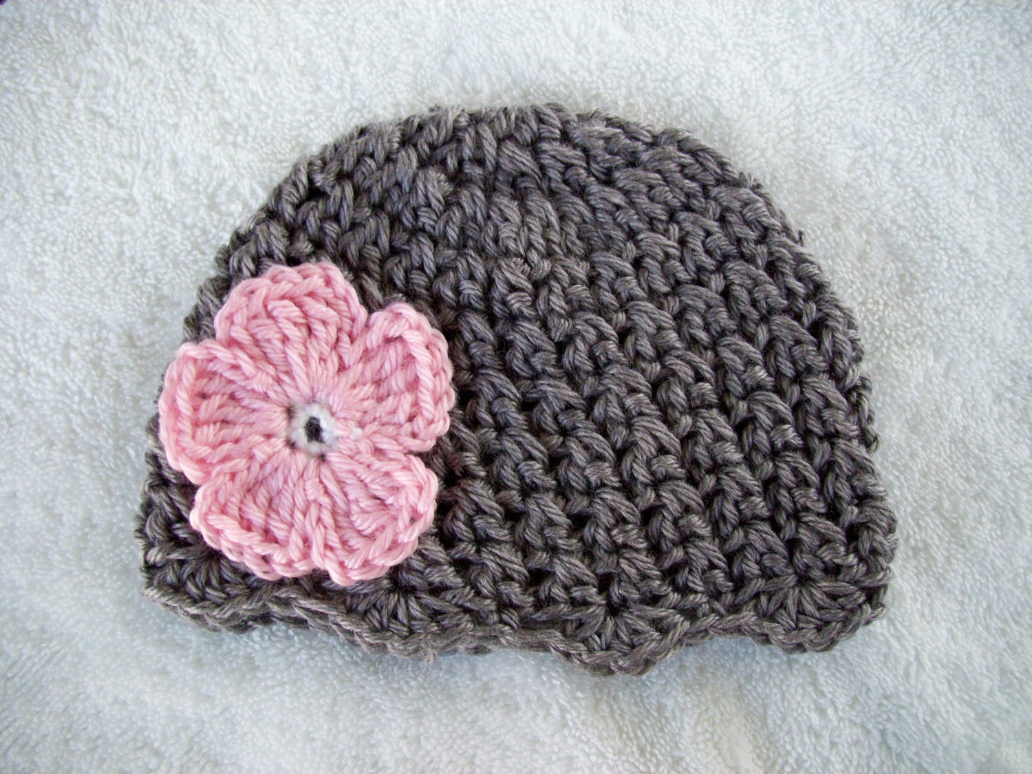 Ready to Ship - Crochet Baby Girl Hat - Grey with Pink Flower Hat - Newborn
