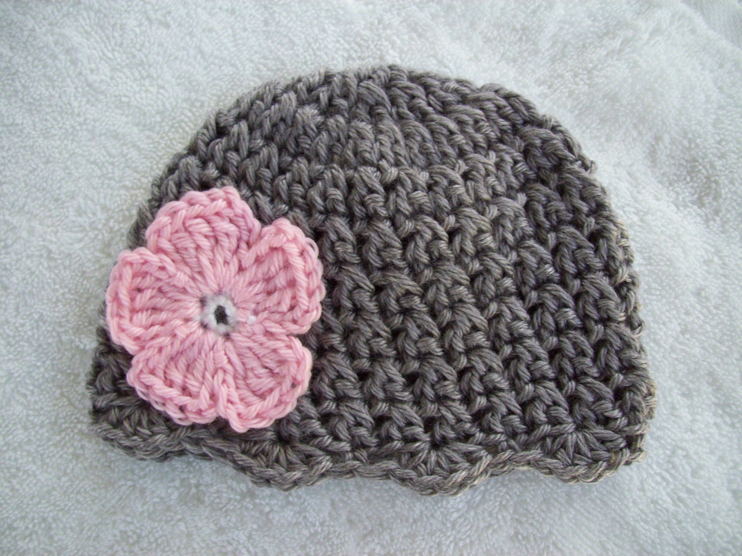 Ready to Ship - Crochet Baby Girl Hat - Grey with Pink Flower Hat - Newborn