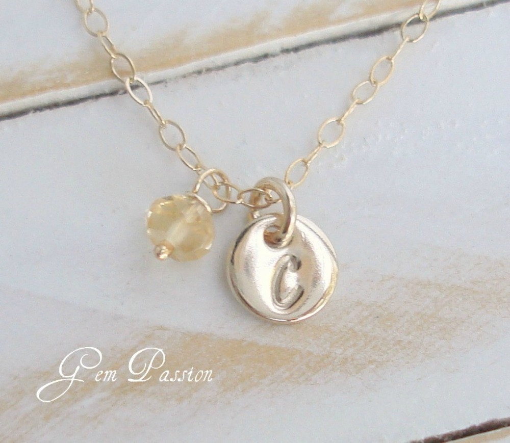 Tiny 14k Gold Fill Disc with Citrine Gemstone Necklace Hand Stamped Initial Dot Disc - Handmade Custom November Birthstone