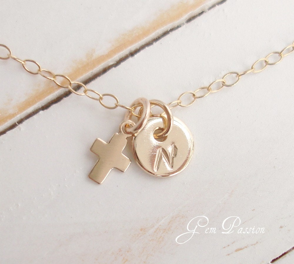 Tiny Gold Cross Necklace and Initial Disc Monogram - Handmade - 14k Gold filled, Easter, Spring, Babtism, Religion, Personalized Disc