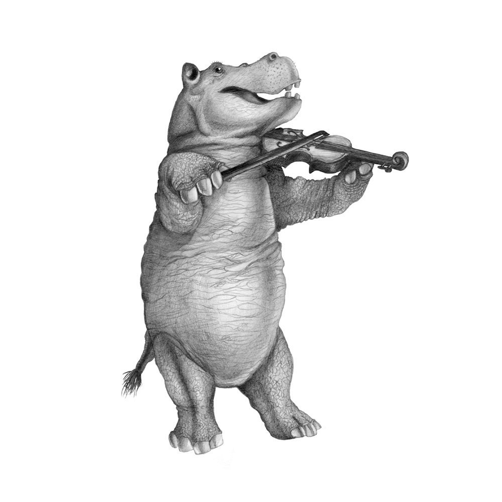 5x7 Giclee Print Hippo with Violin