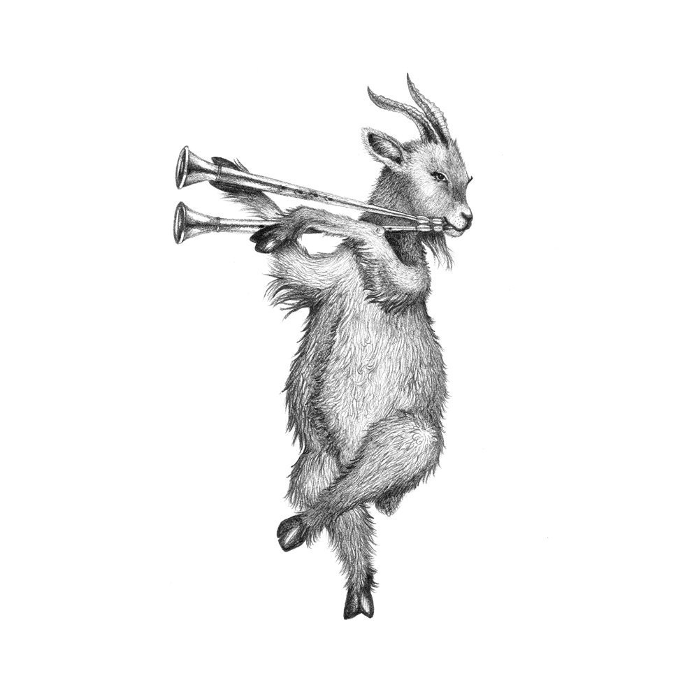 5x7 Giclee Print Musical Goat pencil illustration