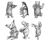 Set of 6 5x7 Giclee Prints Dancing Musical Bear Hippo Kangaroo Elephant Penguin Goat