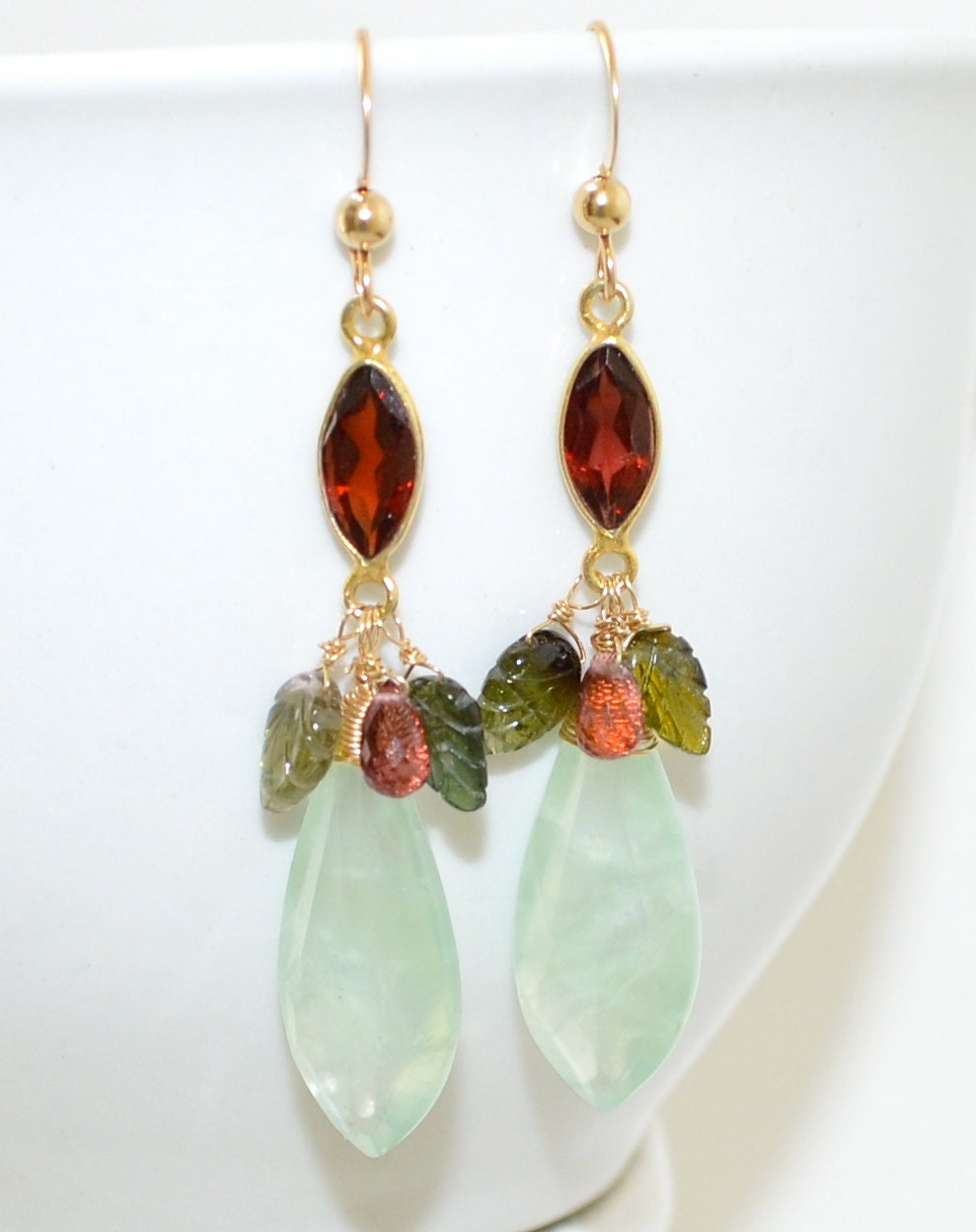 long Feminine Earrings Prehnite Garnet Tourmaline Gold Filled