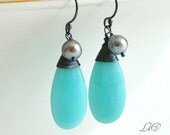 Elegant  Drop Earrings Akoya Pearl Peruvian Amazonite Oxidized Sterling Silver