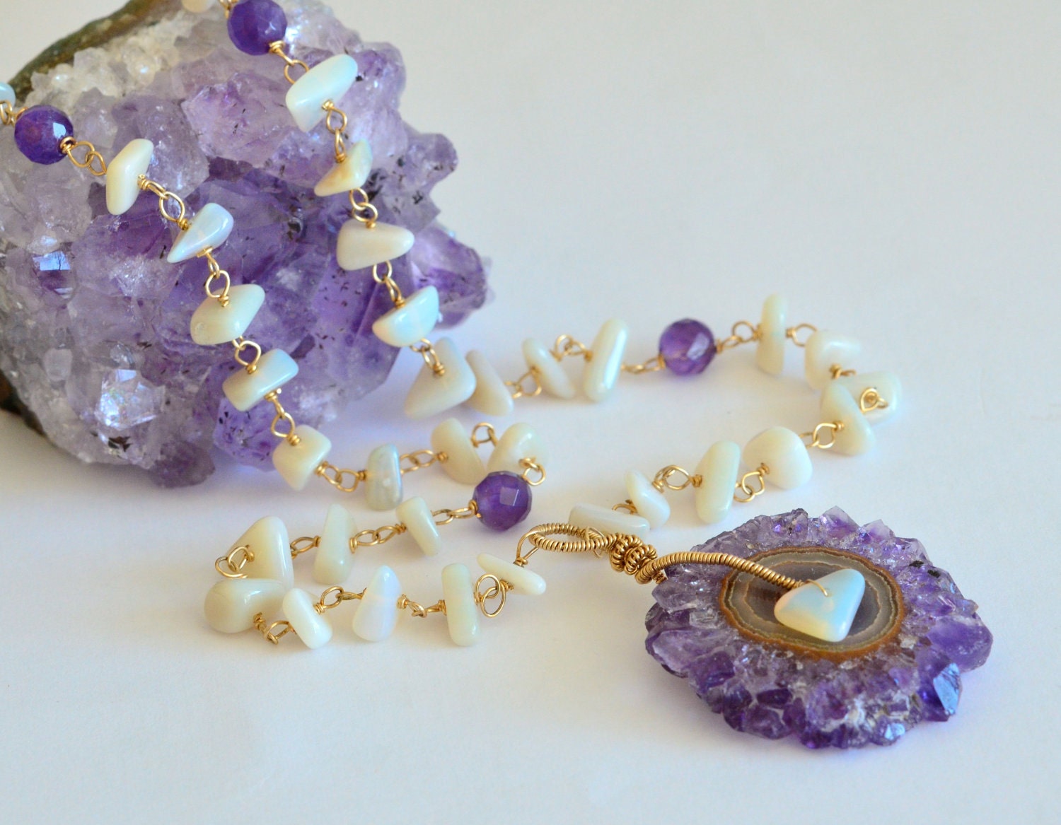 Australian Opal, Purple Amethyst Stalactite Necklace