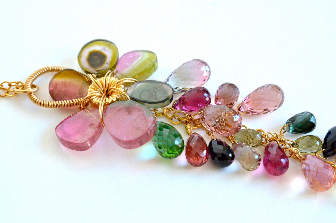 OOAK Flower Colorful Necklace Watermelon Tourmaline Gold Filled