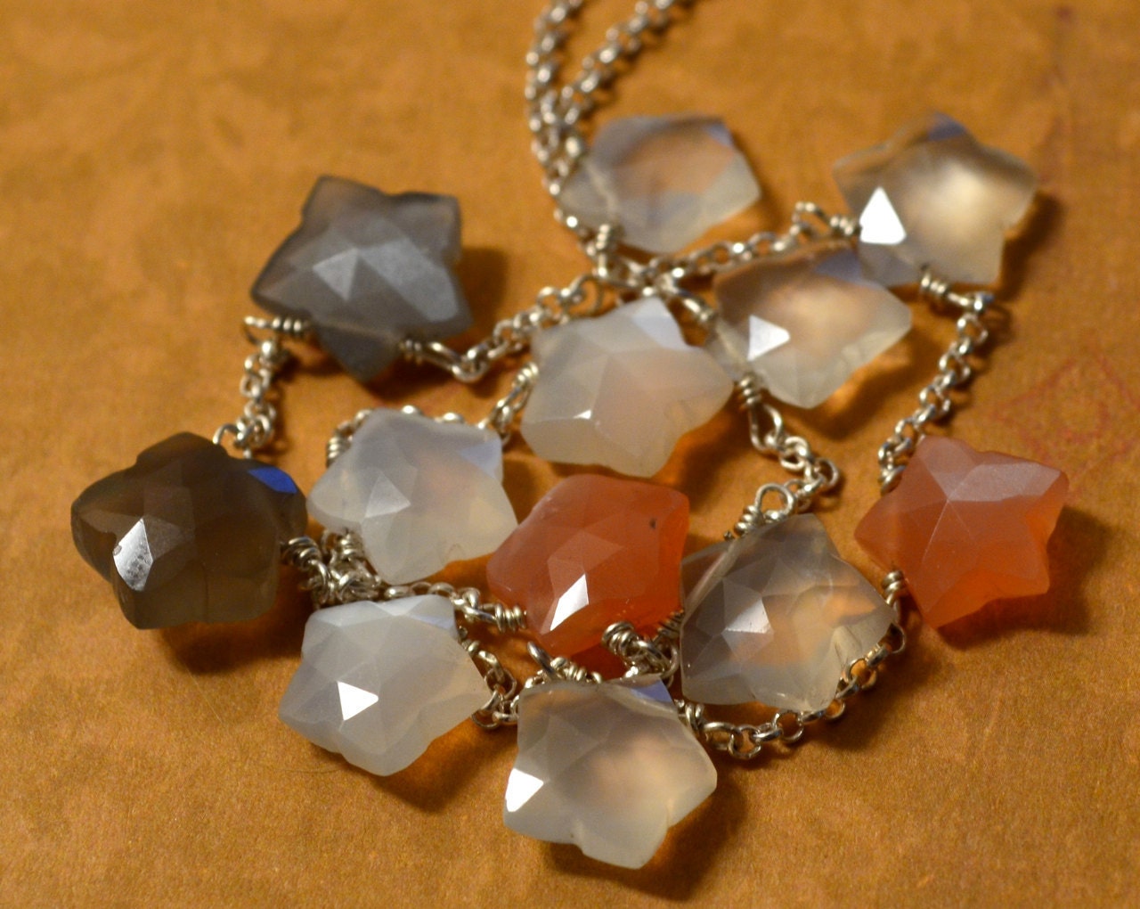 Multi Moonstone Stars Sterling Silver Modernist Necklace Casual Everyday Jewelry