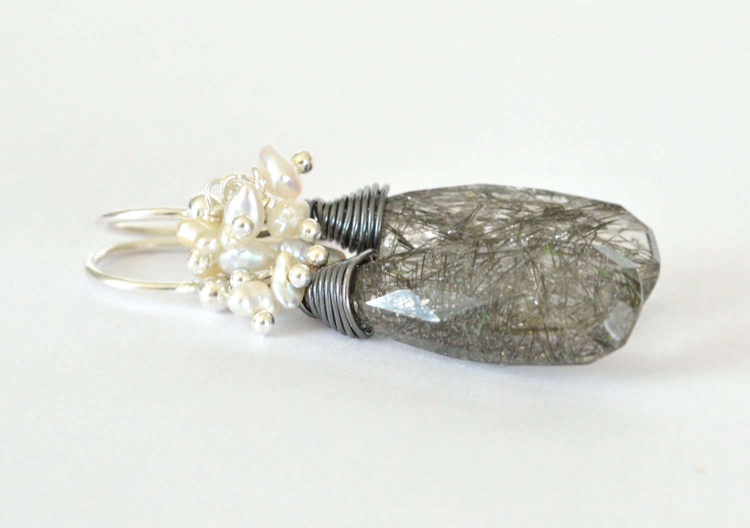 Black Rutilated Quartz Akoya Saltwater Keishi Pearls Sterling Silver Earrings