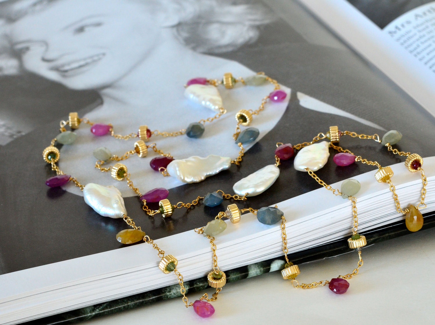 Marilyn Long Necklace Sapphire Biwa Pearl Watermelon Tourmaline Gold Filled