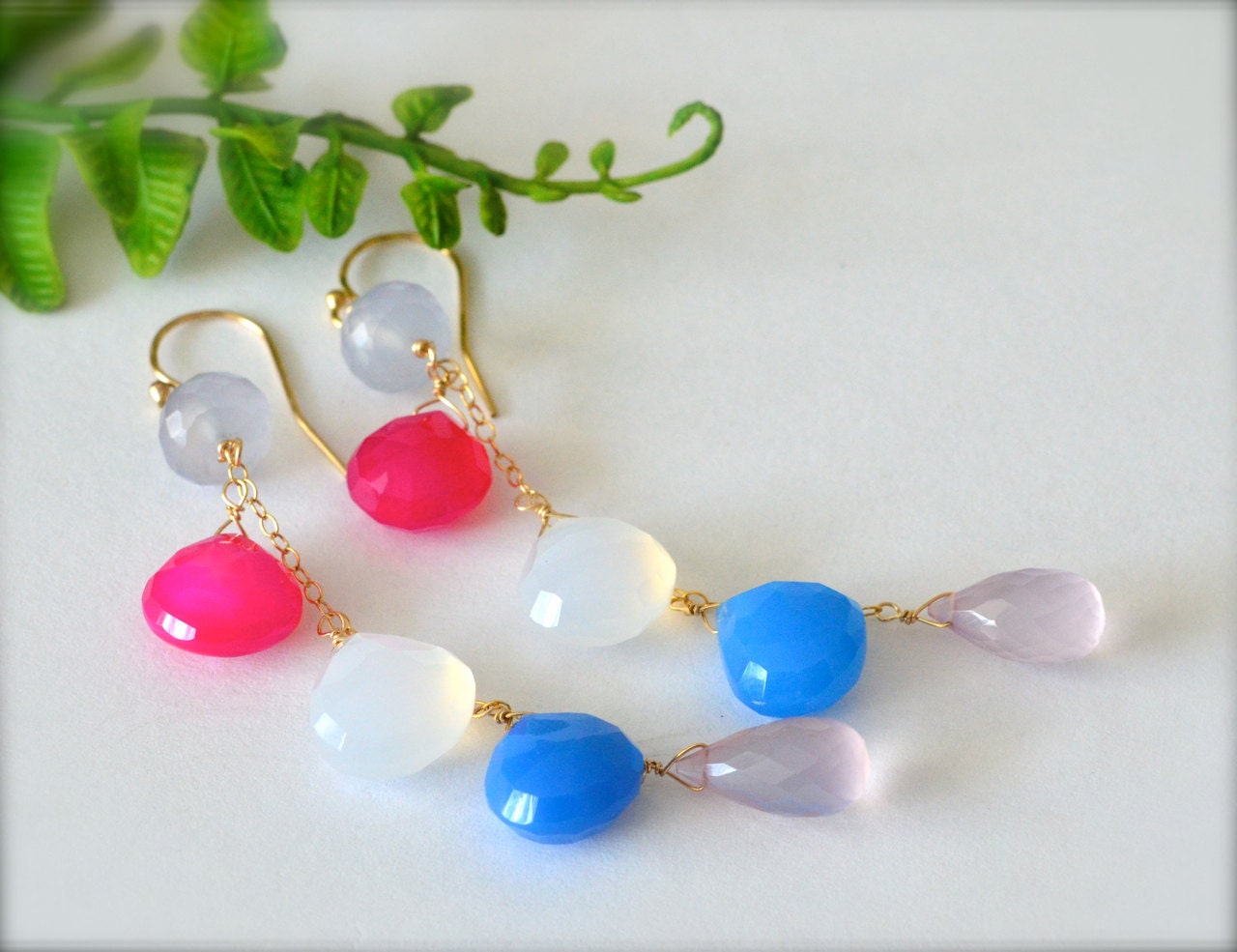 Rainbow Chalcedony Long  Cluster Earrings