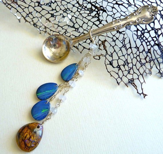 Vintage Sterling Silver Spoon Brooch Australian Boulder Opal Moonstone